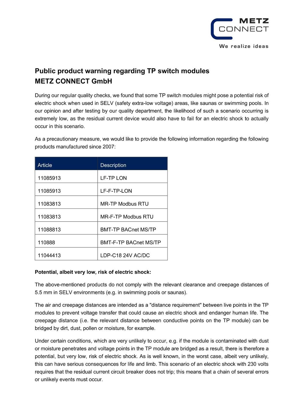 METZ CONNECT Product Warning 2025