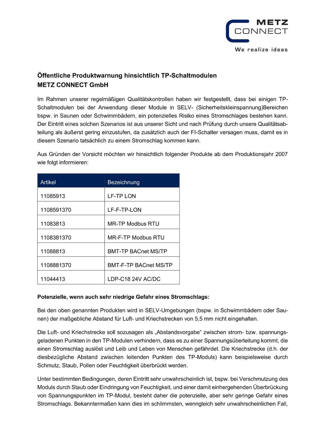 METZ CONNECT Produktwarnung 2025