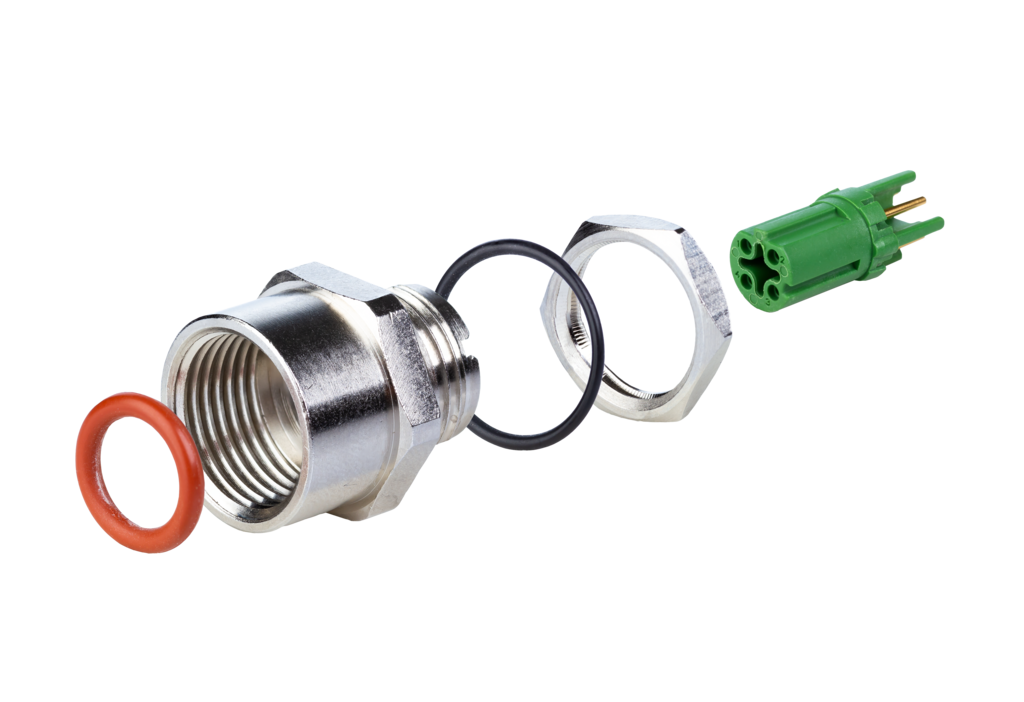 Leiterplattenbuchse M12, D-kodiert, 4-polig, IP67, <br />in Einzelteilen