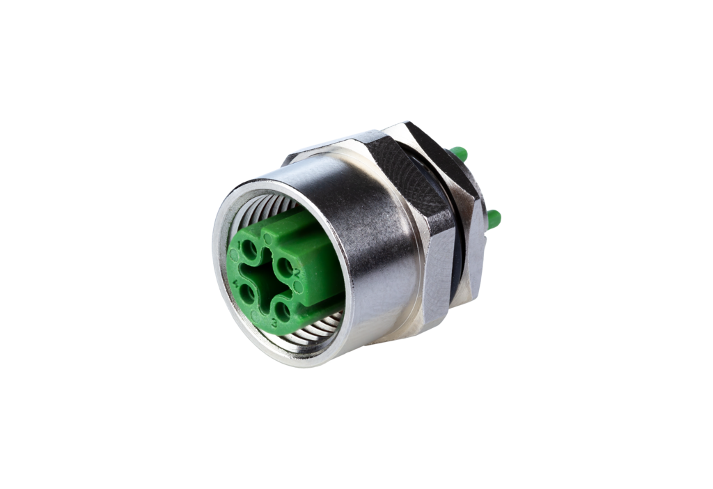 Leiterplattenbuchse M12, D-kodiert, 4-polig, <br />IP67 in nicht gestecktem Zustand, vergossen