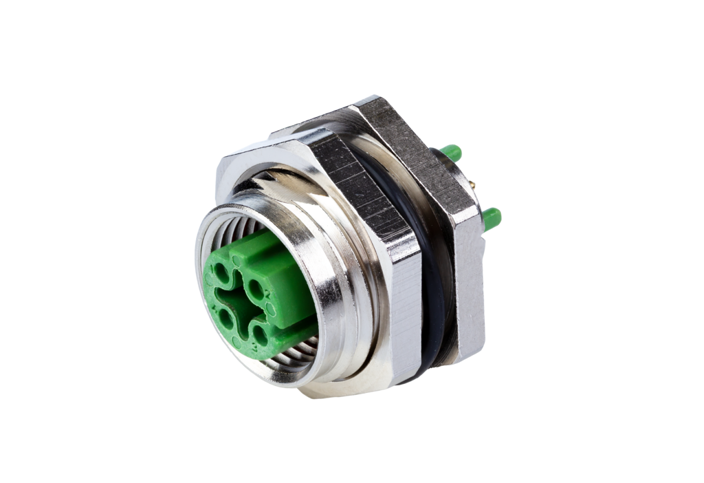 Leiterplattenbuchse M12, D-kodiert, 4-polig, Rückwandmontage, <br />IP67 in nicht gestecktem Zustand, vergossen