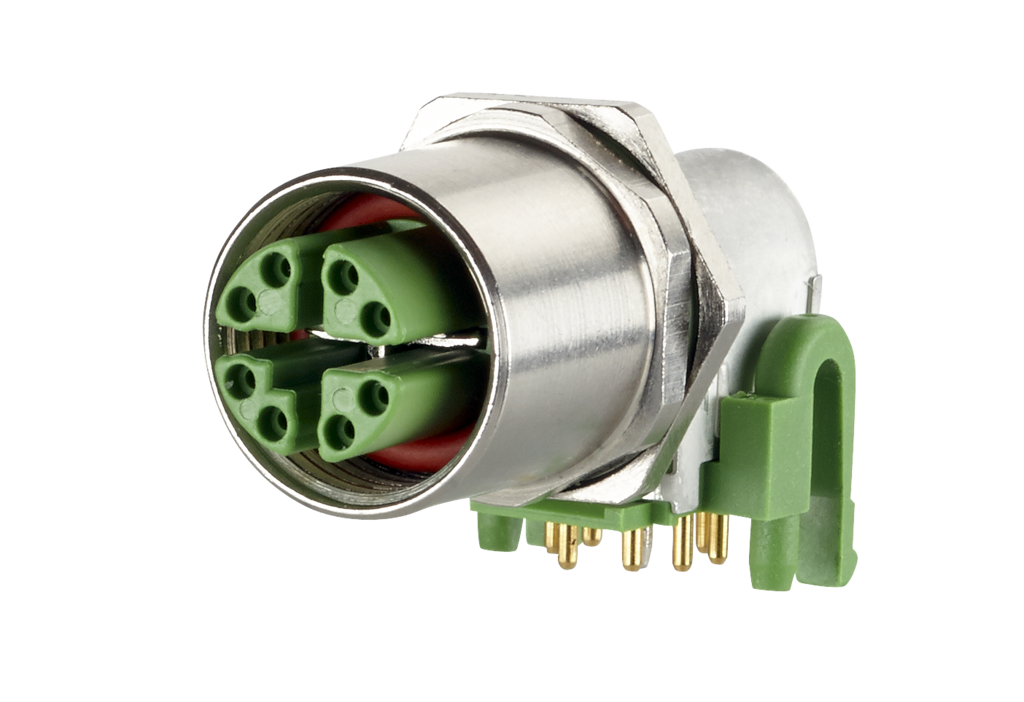 Leiterplattenbuchse M12, X-kodiert, 8-polig, IP67, <br />90° gewinkelt, max. 2,5 mm Wandstärke
